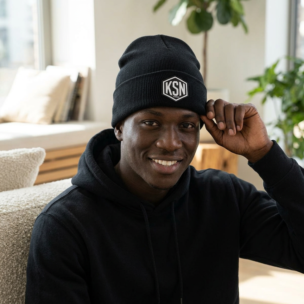 KSN Logo Cuff Beanie — Black Knit Winter Hat
