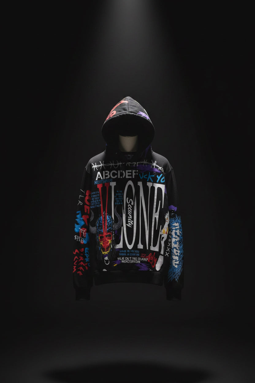 Black hoodie with colorful graphics and text on a white background