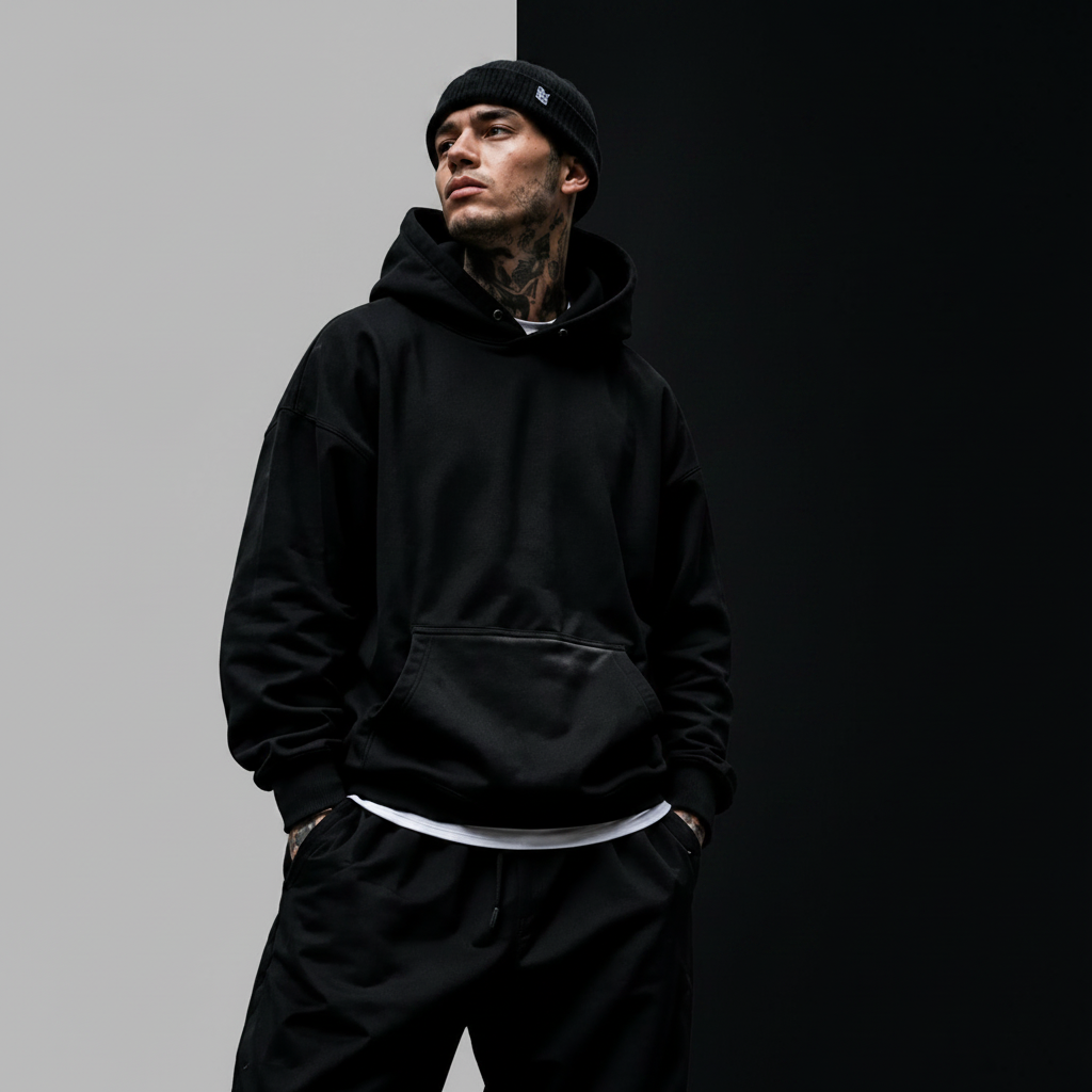 A man wearing a black pullover hoodie, black pants, and a black beanie stands against a solid gray studio background.