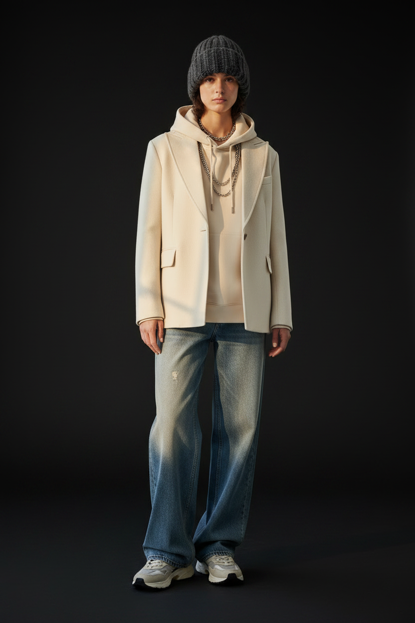 A model stands against a dark studio background wearing a cream-colored double-breasted blazer over a matching cream hoodie, blue jeans with a faded wash, a dark knit beanie, and white sneakers.