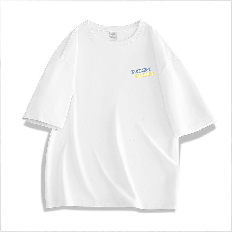 White t-shirt with a small logo on the chest against a white background