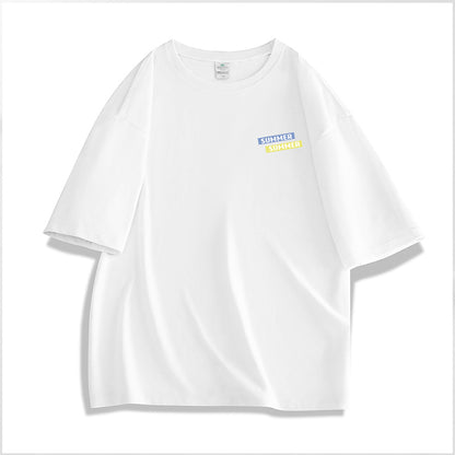White t-shirt with a small logo on the chest against a white background