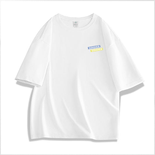 White t-shirt with a small logo on the chest against a white background