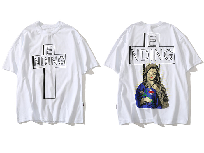 Two white t-shirts with graphic designs on a white background