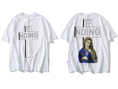 Two white t-shirts with graphic designs on a white background