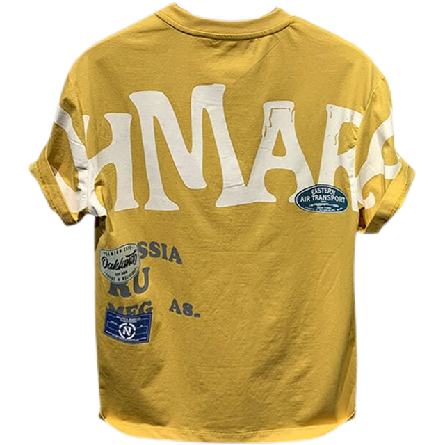 Yellow t-shirt with white text and patches on a white background