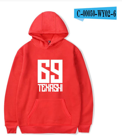 Red hoodie with '69 TEHASHI' text on a white background
