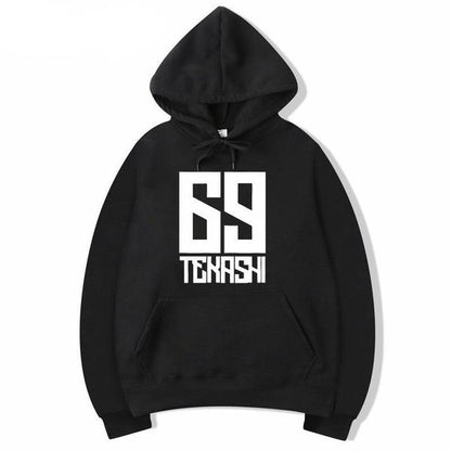 Black hoodie with white text design on a white background