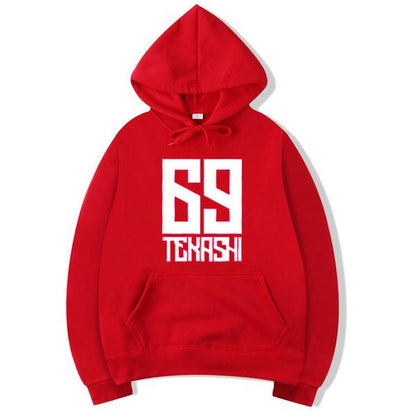 Red hoodie with white text on a white background