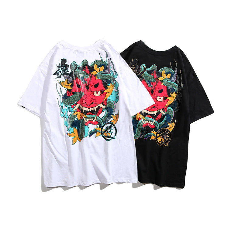 White and black t-shirts with colorful dragon design on a white background