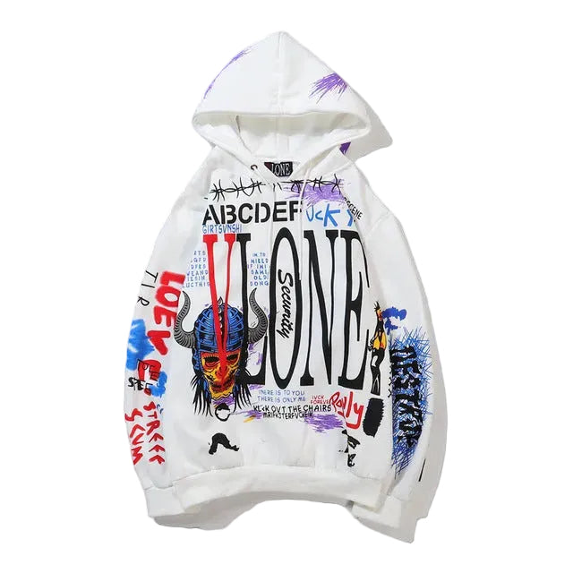 White hoodie with colorful graphics and text on a white background