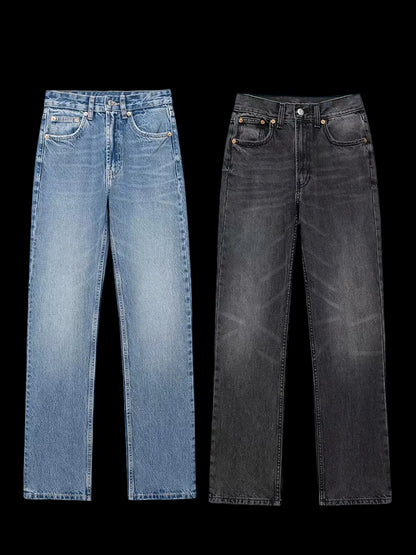 Two pairs of jeans, one light blue and one dark gray, displayed side by side with 'Trafza' branding above.