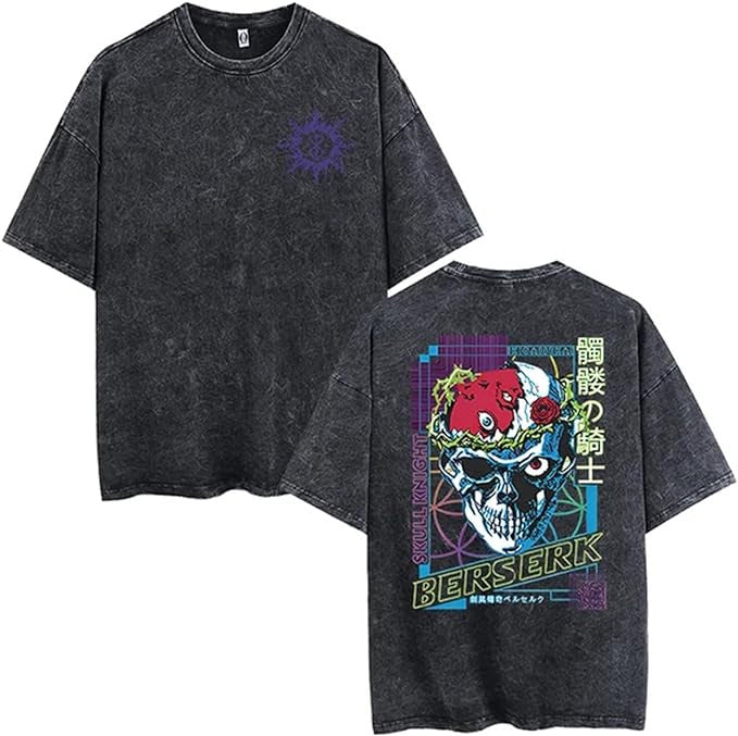 Black t-shirt with colorful graphic design on front and back on a white background