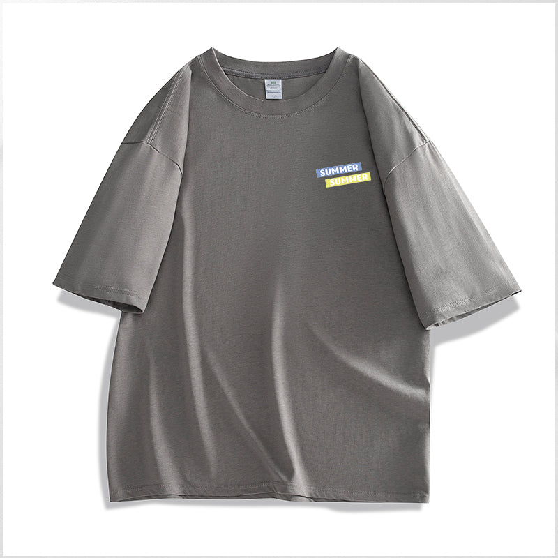 Gray t-shirt with a small logo on a white background