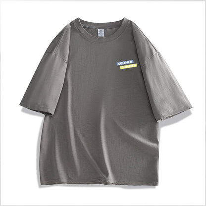 Gray t-shirt with a small logo on a white background