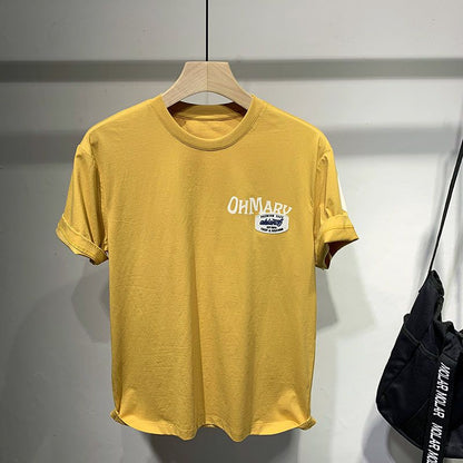 Yellow t-shirt with a logo on a hanger against a plain background