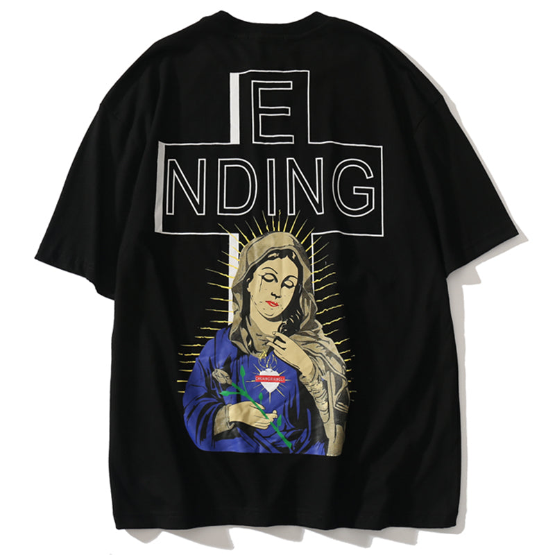 Black t-shirt with graphic design of a religious figure and 'ENDING' text on a white background