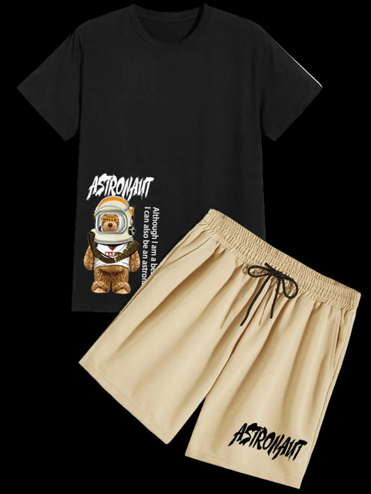 Black t-shirt with astronaut bear graphic and beige shorts with 'Astronaut' text on a white background