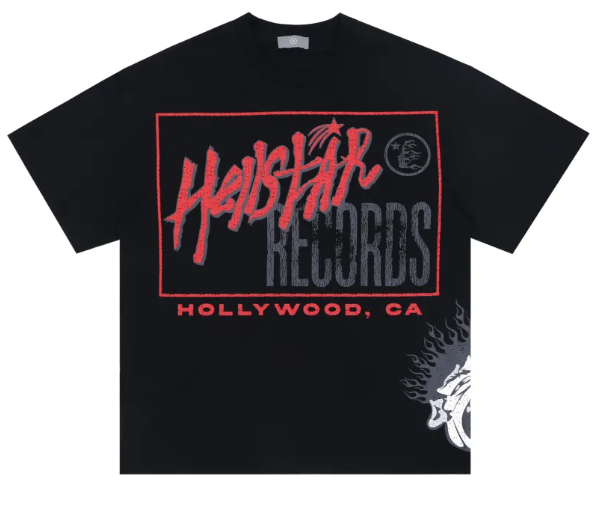 Black t-shirt with red and gray 'Hellstar Records' logo on a white background