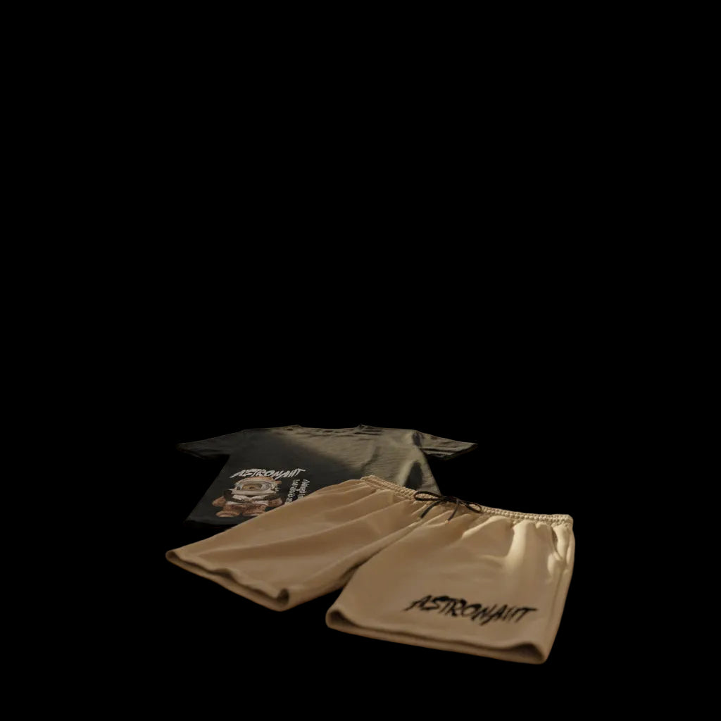 Black t-shirt with astronaut bear graphic and beige shorts with 'Astronaut' text on a white background