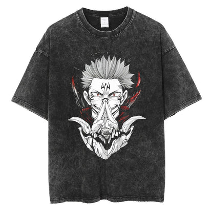 Black t-shirt with graphic design on a white background