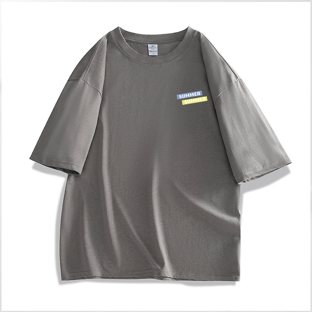 Gray t-shirt with a small colorful label on a white background