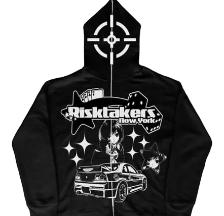 Black hoodie with 'Risktakers New York' graphic design on a white background