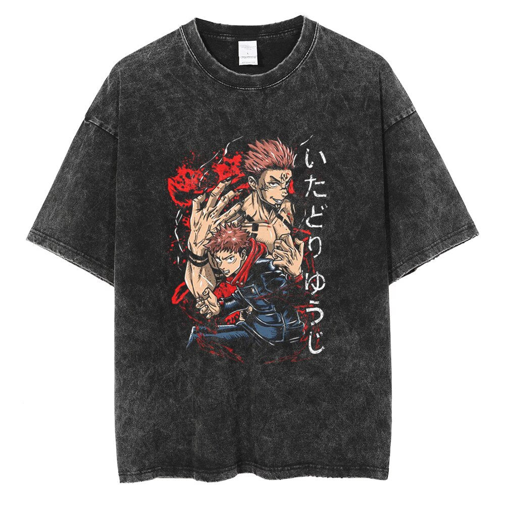 Black t-shirt with graphic design of two characters and Japanese text on a white background