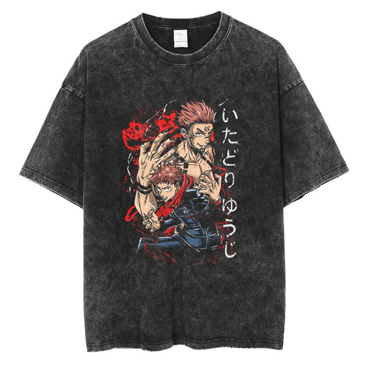 Black t-shirt with graphic design of two characters and Japanese text on a white background