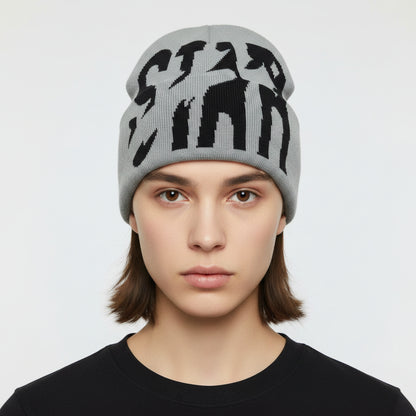 Gray beanie with black 'STAR' logo on a white background