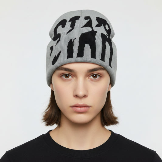 Gray beanie with black 'STAR' logo on a white background