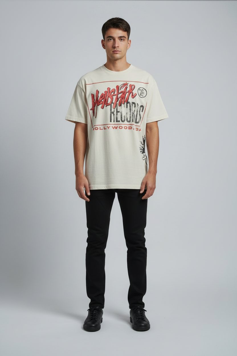 Gray t-shirt with 'Hellstar Records' logo and text on a white background