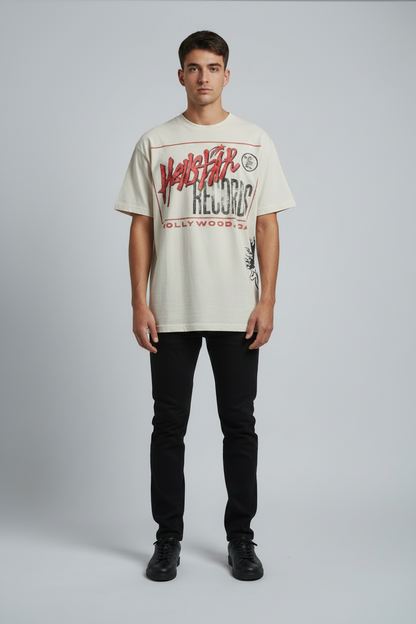 Gray t-shirt with 'Hellstar Records' logo and text on a white background