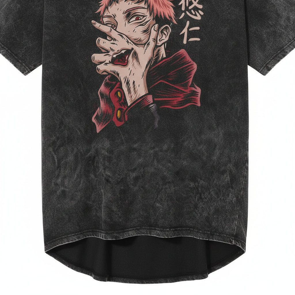 Black t-shirt with a graphic design of a person with red hair and a hand over their mouth on a white background.