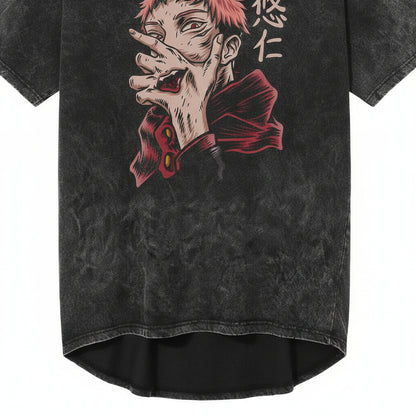 Black t-shirt with a graphic design of a person with red hair and a hand over their mouth on a white background.