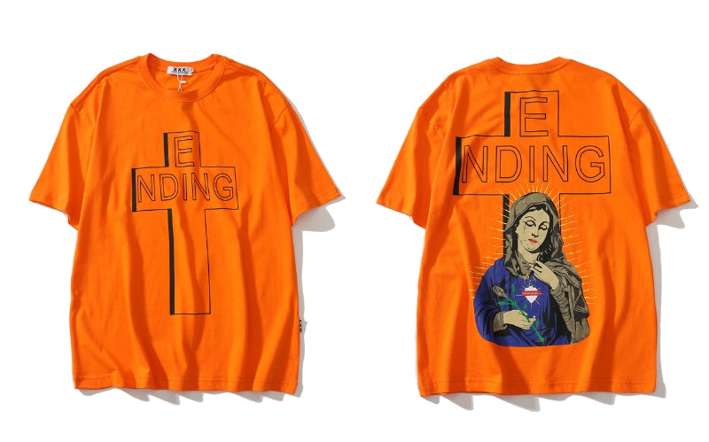 Orange t-shirt with 'ENDING' text on front and back, featuring a graphic design.