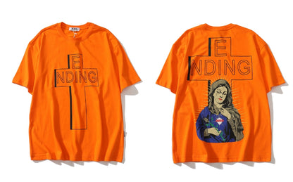 Orange t-shirt with 'ENDING' text on front and back, featuring a graphic design.