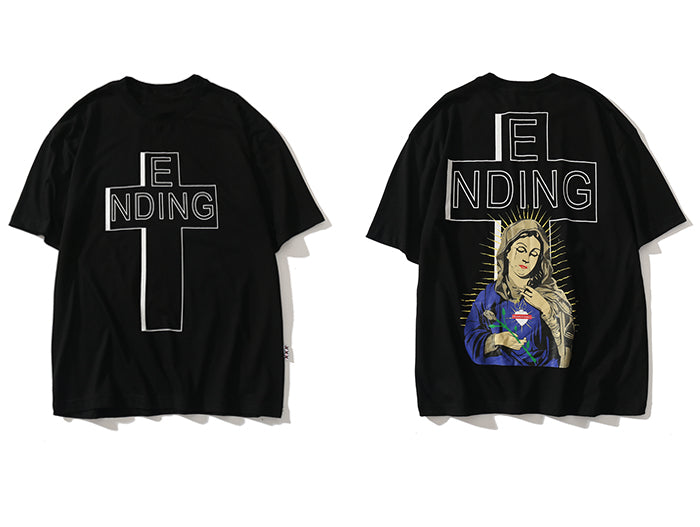 Black t-shirt with 'ENDING' design on front and back, featuring a religious figure.