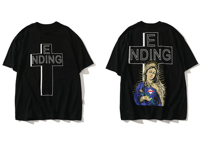 Black t-shirt with 'ENDING' design on front and back, featuring a religious figure.