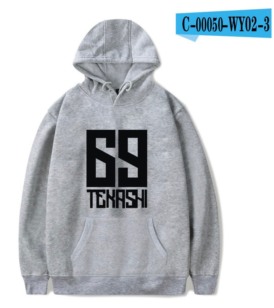 Gray hoodie with black logo and text on a white background