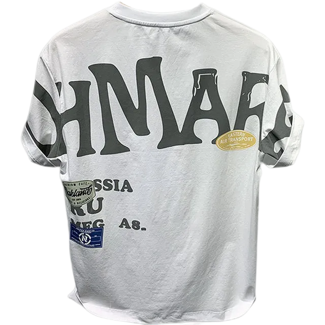 Gray t-shirt with text and logos on a white background