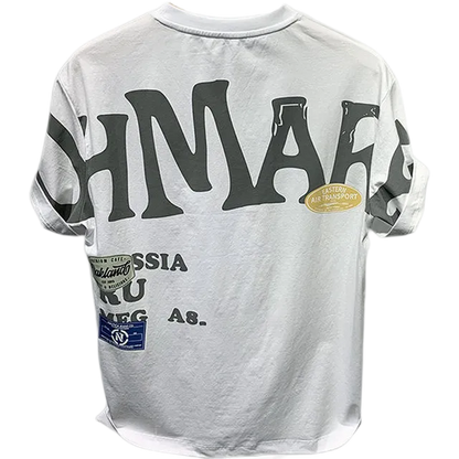 Gray t-shirt with text and logos on a white background