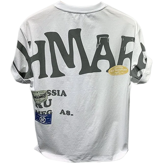 Gray t-shirt with text and logos on a white background