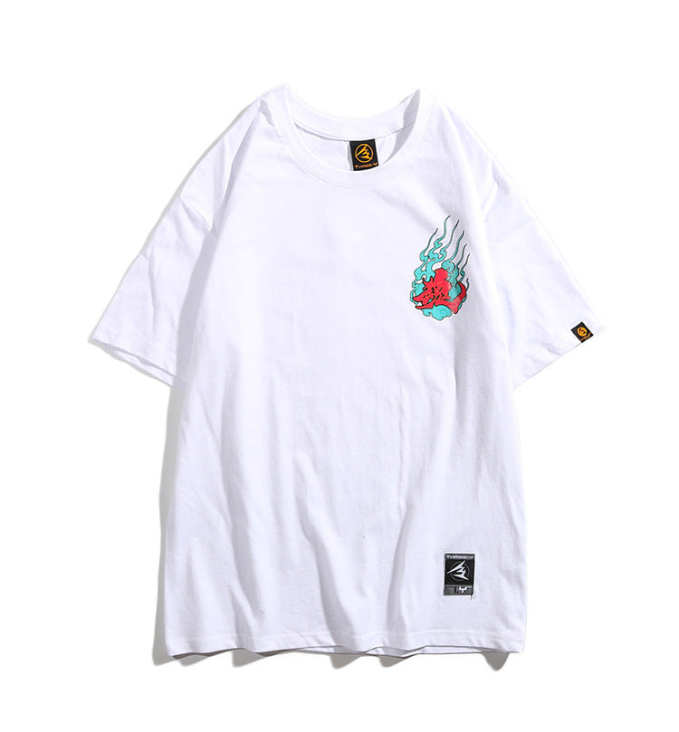 White t-shirt with colorful graphic design on a white background
