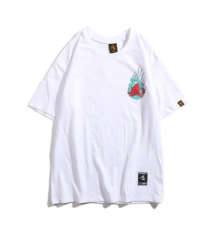 White t-shirt with colorful graphic design on a white background