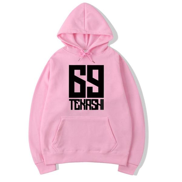 Pink hoodie with black logo on a white background