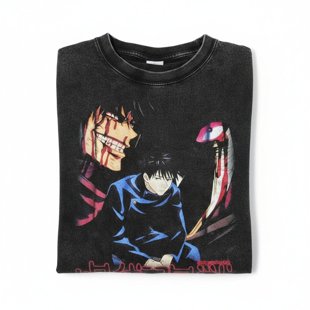 Black t-shirt with anime graphic and text on a white background