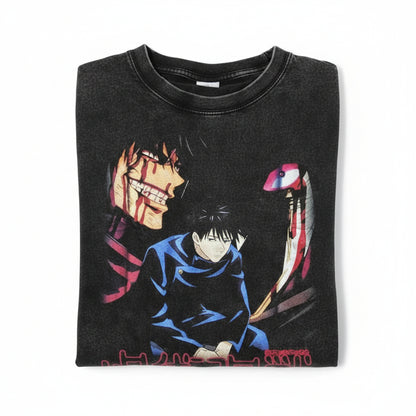 Black t-shirt with anime graphic and text on a white background