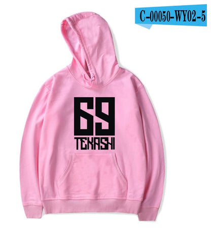 Pink hoodie with black logo and text on a white background