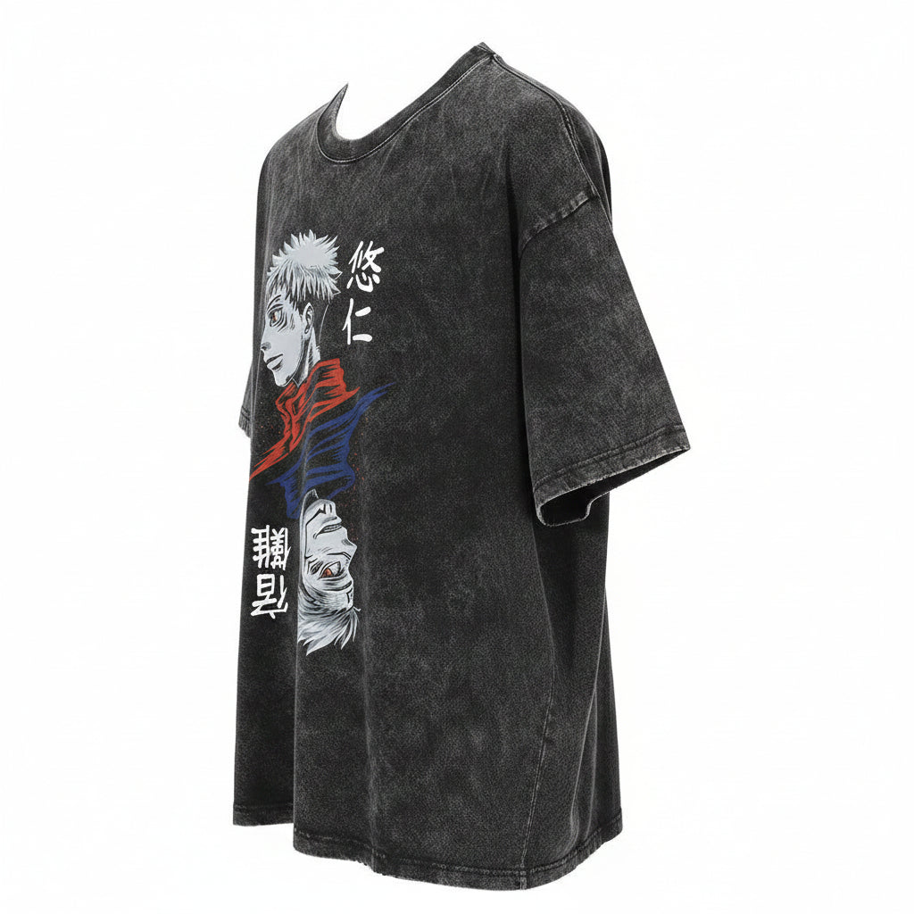 Black t-shirt with anime character graphic and text on a white background